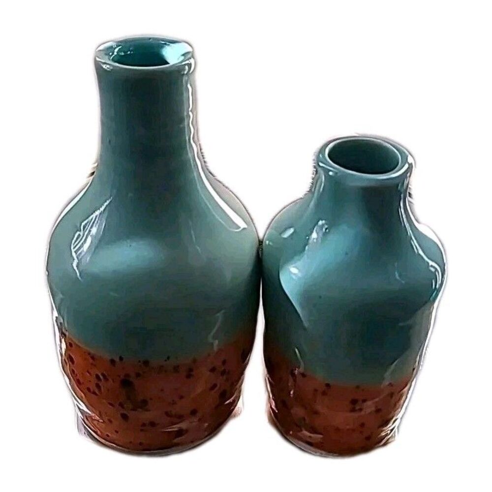 2 Pottery Vases 6 In & 8 In Jars Turquoise Orange Artist Signed MCM